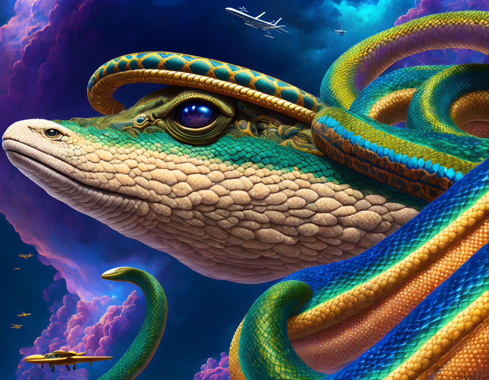 Digital Artwork: Colossal Serpent with Textured Scales and Penetrating Blue Eyes