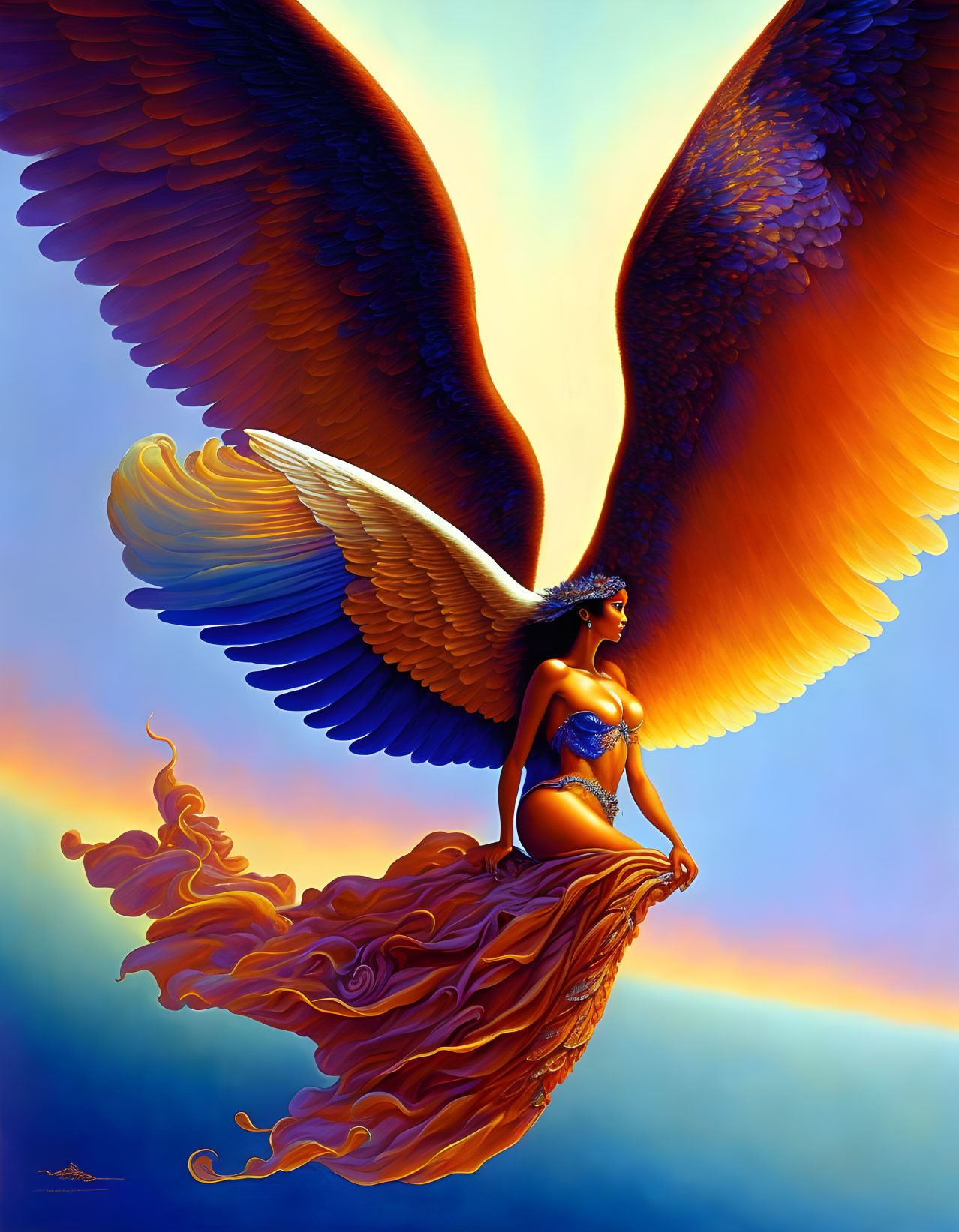 Majestic winged female figure in armor against fiery backdrop