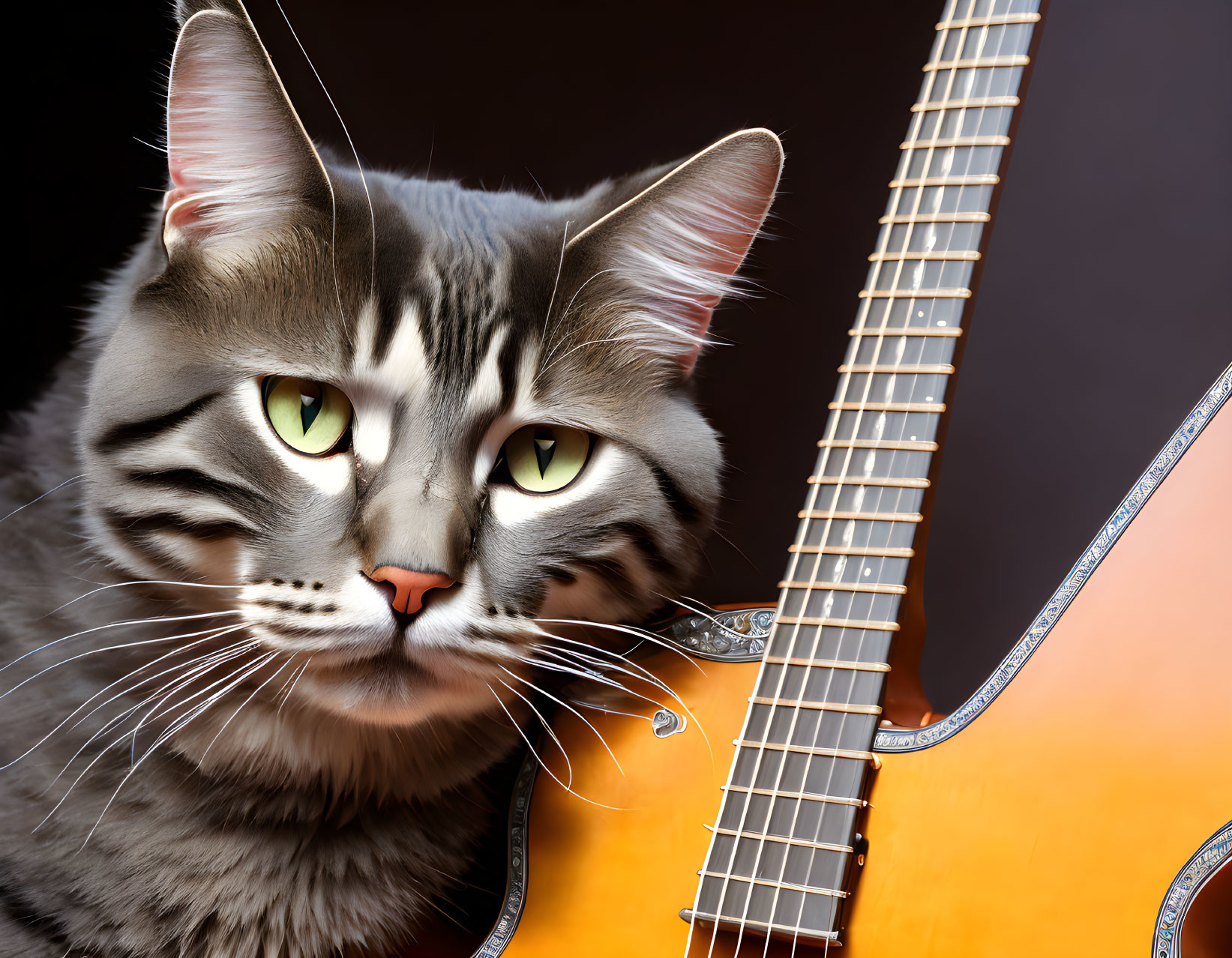 Tabby cat with green eyes beside sunburst acoustic guitar on dark backdrop