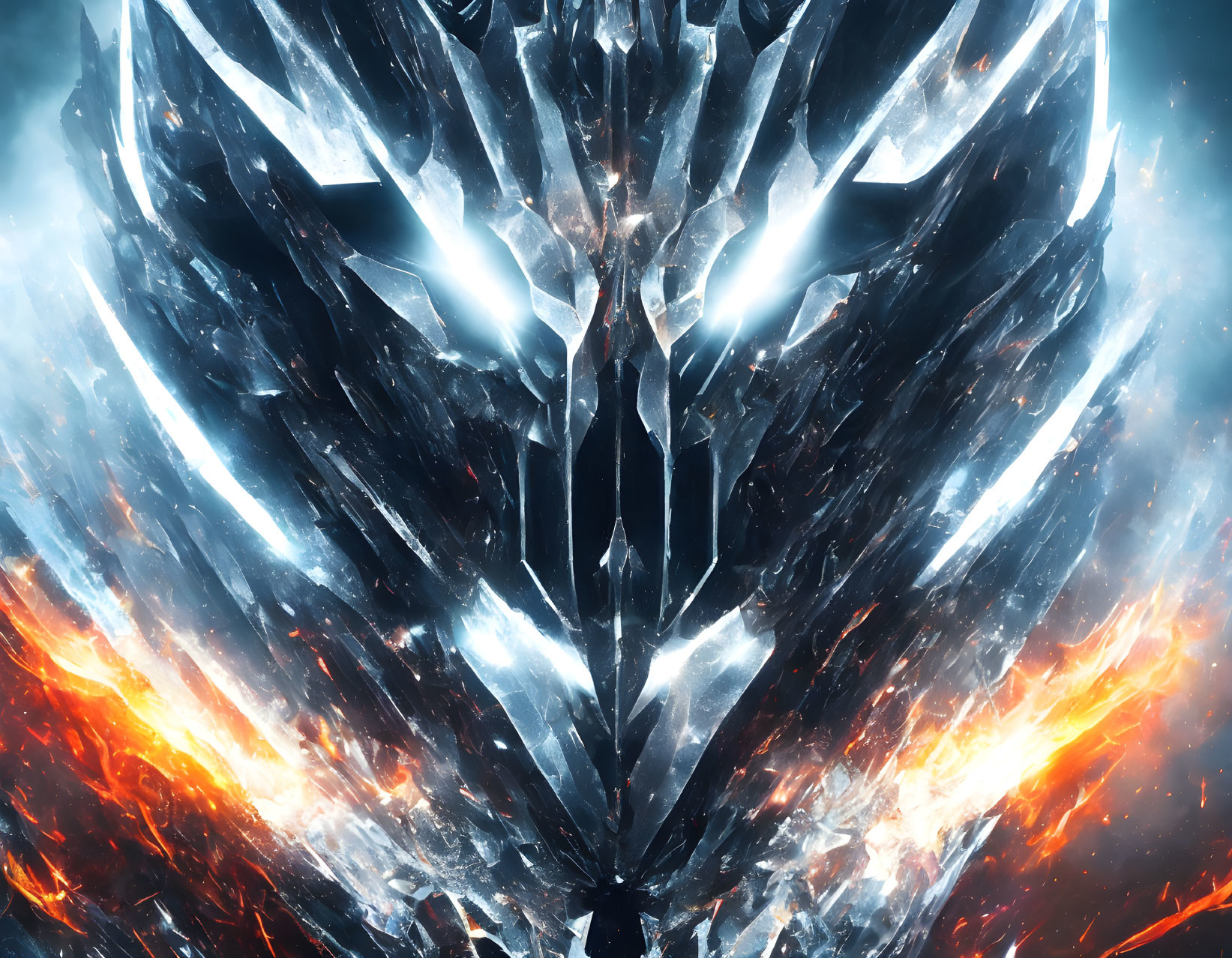 Digital Artwork: Fiery Explosion and Icy Crystal Mask Structure