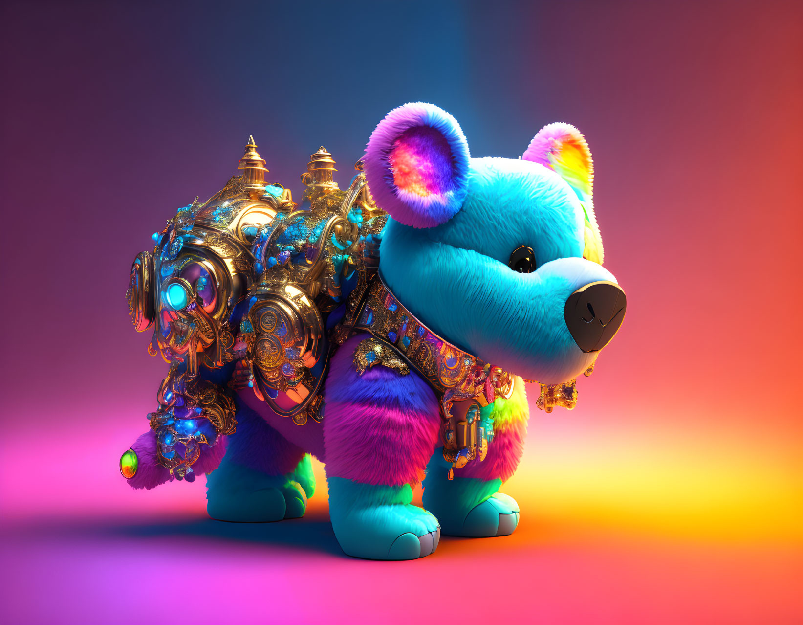 Colorful 3D Render: Blue Teddy Bear with Futuristic Golden Armor