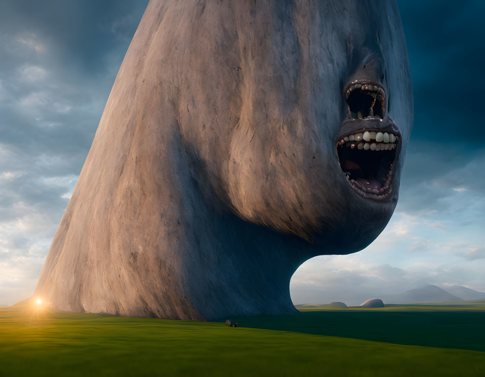 Giant monstrous face in surreal landscape with tiny figure