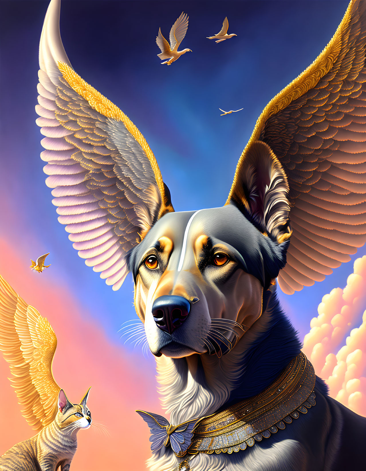 Regal winged dog and cat with birds in cloudy sky