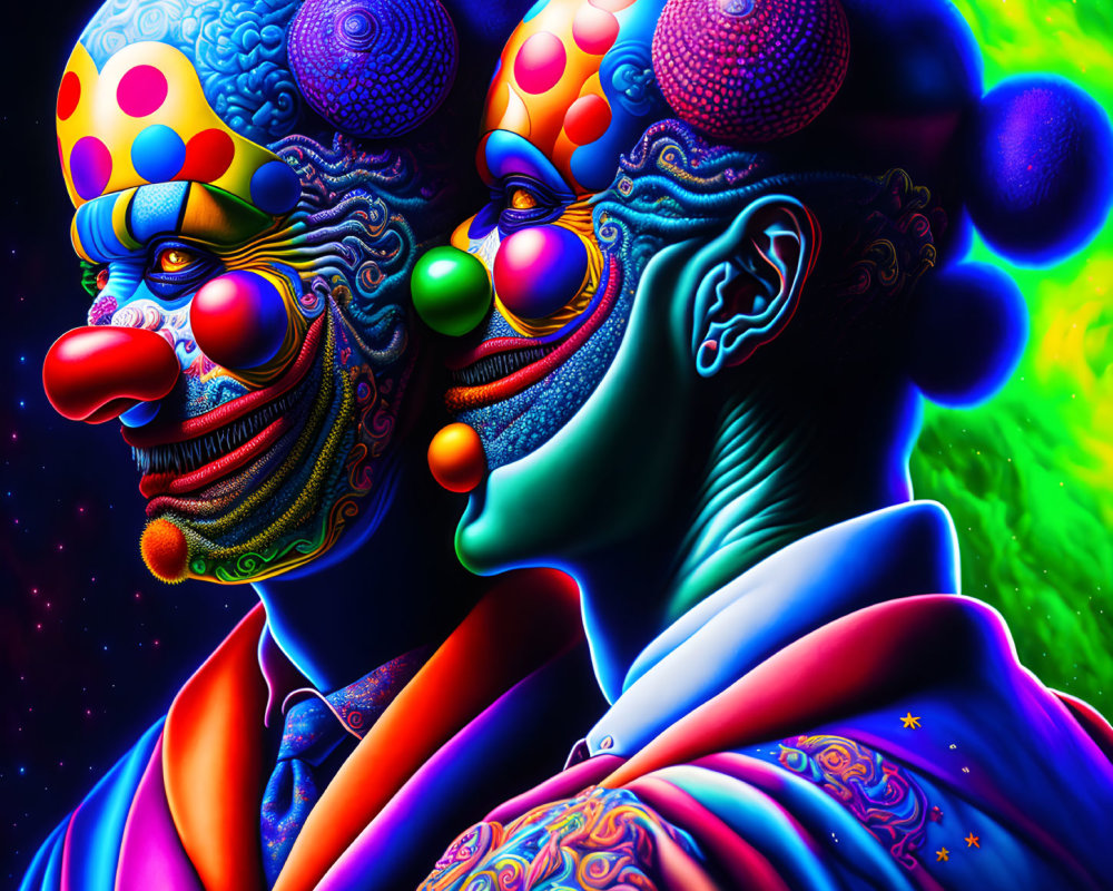 Colorful digital artwork featuring two clowns in psychedelic colors on a neon cosmic backdrop