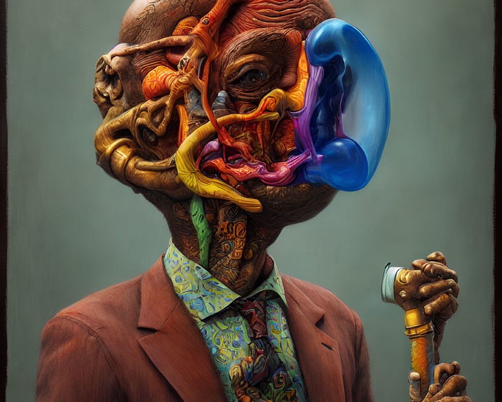 Vibrant surreal portrait with detailed exposed head and suit holding cane