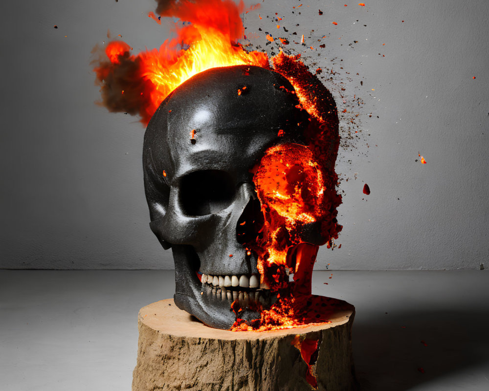 Metallic skull half-engulfed in flames on wood stump, exploding molten material against gray backdrop