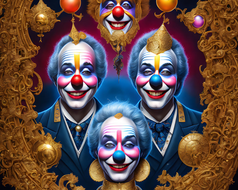 Colorful Clown Quartet in Ornate Baroque Frame on Dark Blue Background