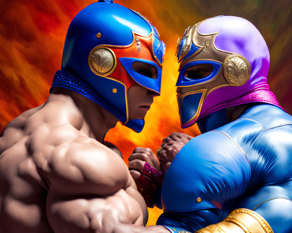 Vibrant blue masked wrestlers in fiery backdrop