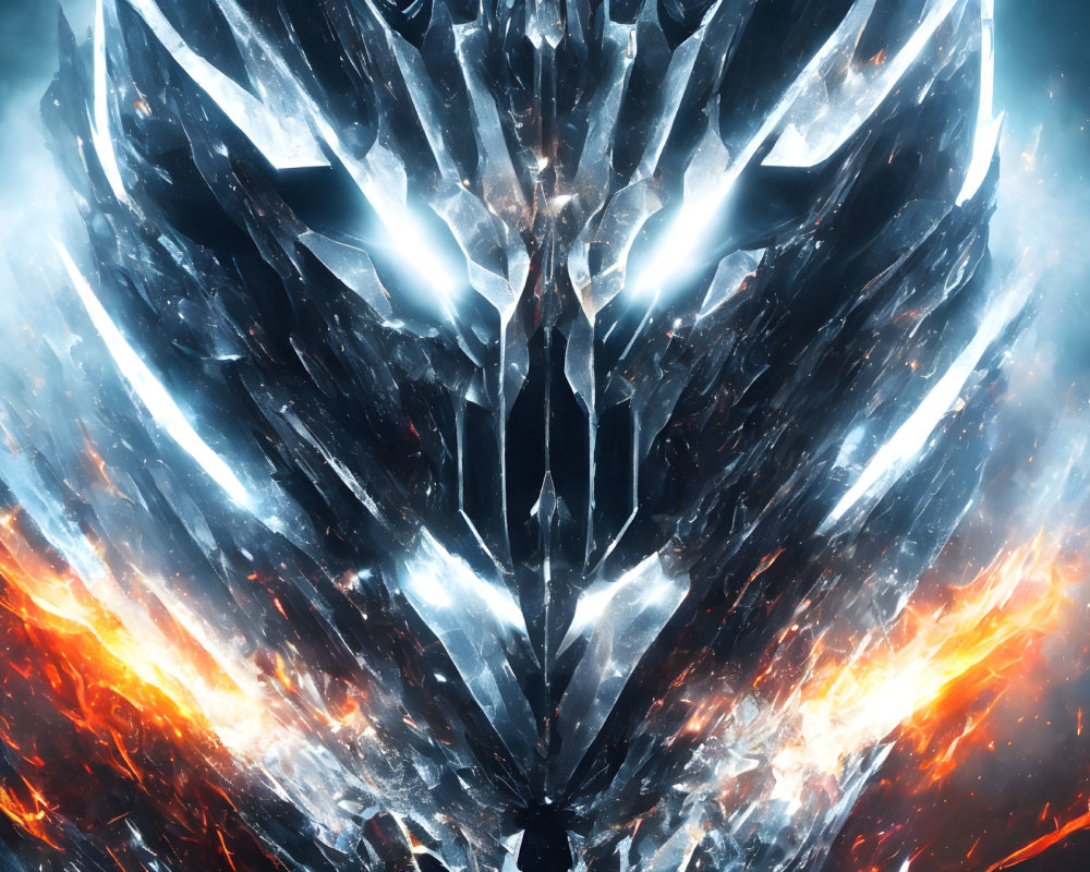 Digital Artwork: Fiery Explosion and Icy Crystal Mask Structure