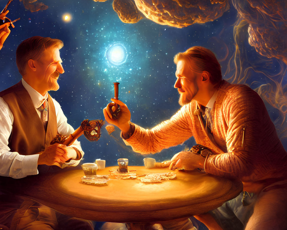 Vintage-clad men examine key at round table under cosmic backdrop