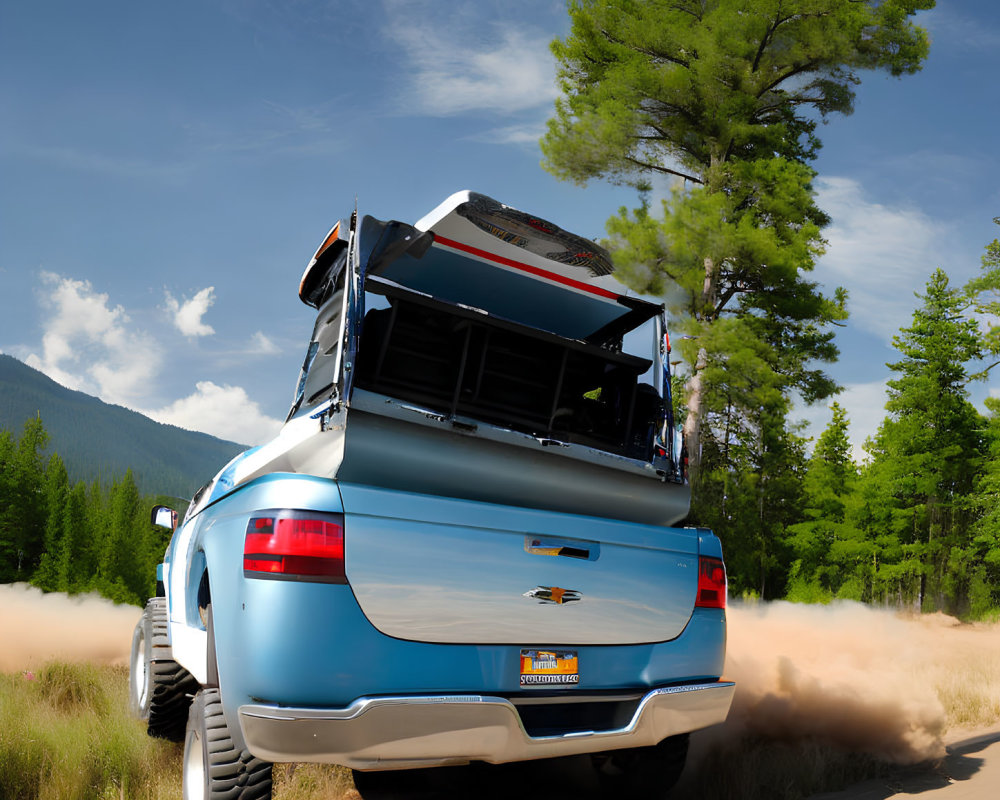 Chevrolet SUV speeding on dirt road with helicopter above