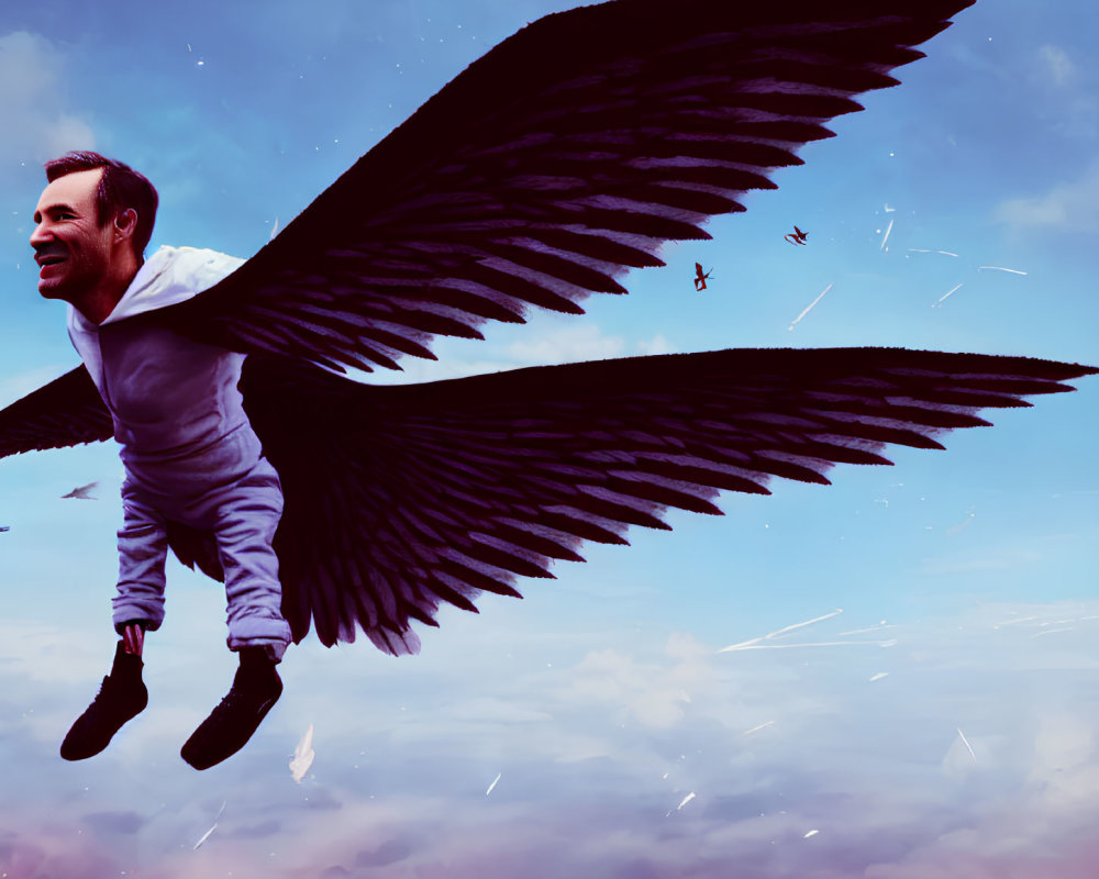 Person with Large Black Wings Flying High in Cloudy Sky