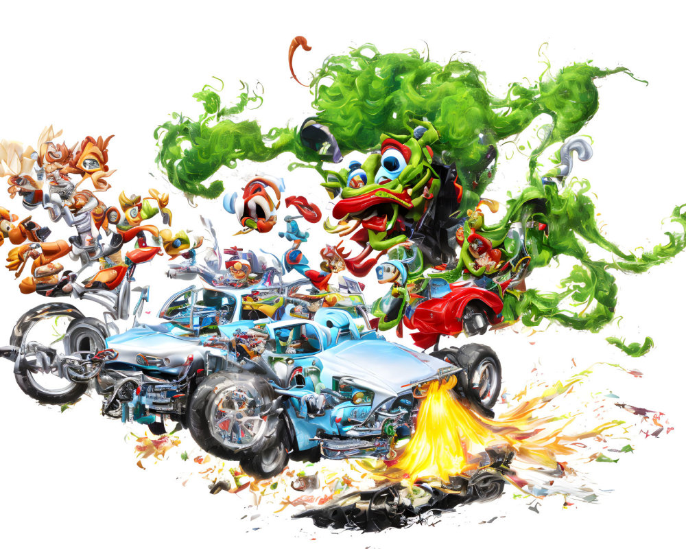 Vibrant fantasy racing scene with animated characters in colorful vehicles