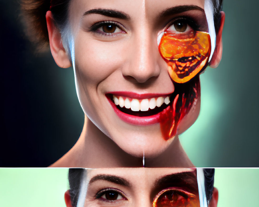 Composite image of woman's face with natural and dramatic melting colors makeup