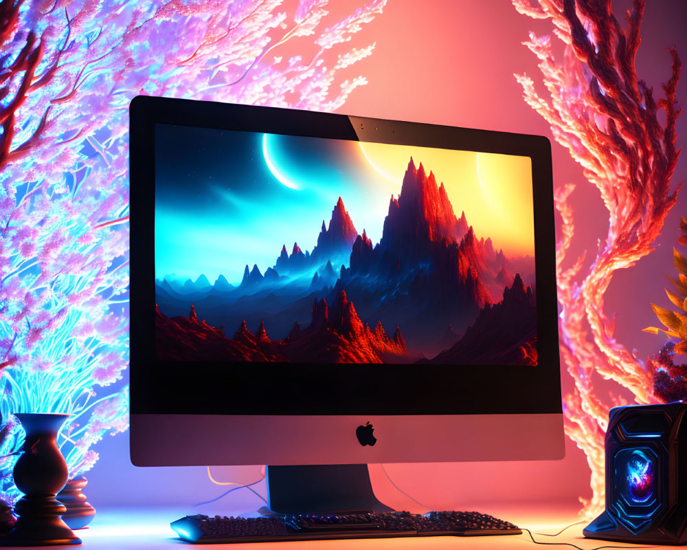 Futuristic mountain wallpaper on Apple desktop with purple and orange lights