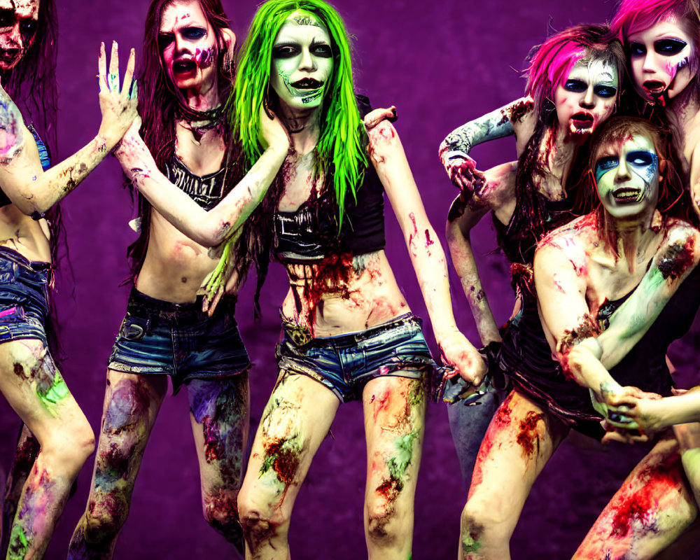 Group of five people with zombie-style makeup and fake blood on purple background