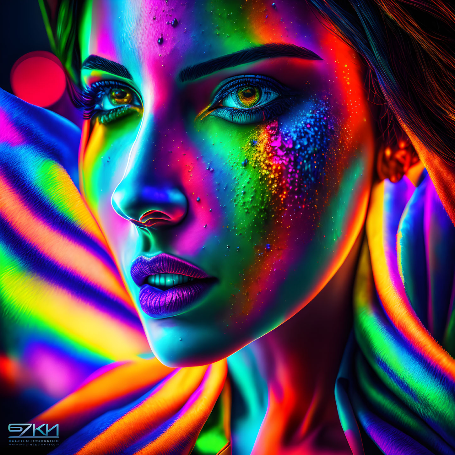 Colorful Portrait of Woman with Neon Colors and Glittery Makeup