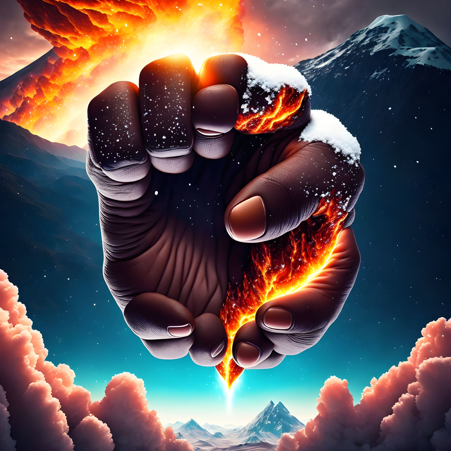 Surreal image: Fist merging with volcanic and icy elements