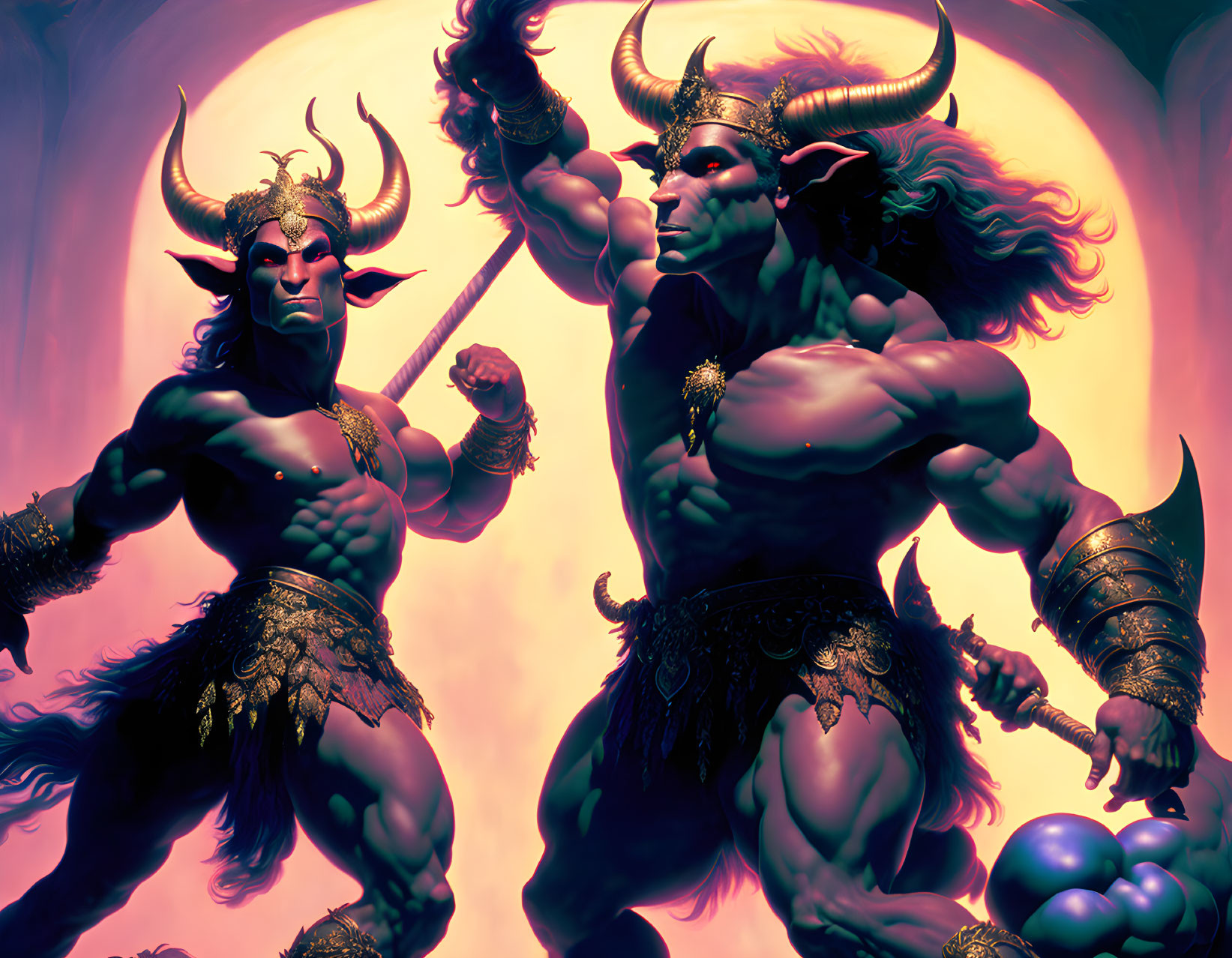 Muscular fantasy characters with horns in warrior attire in dramatic purple setting