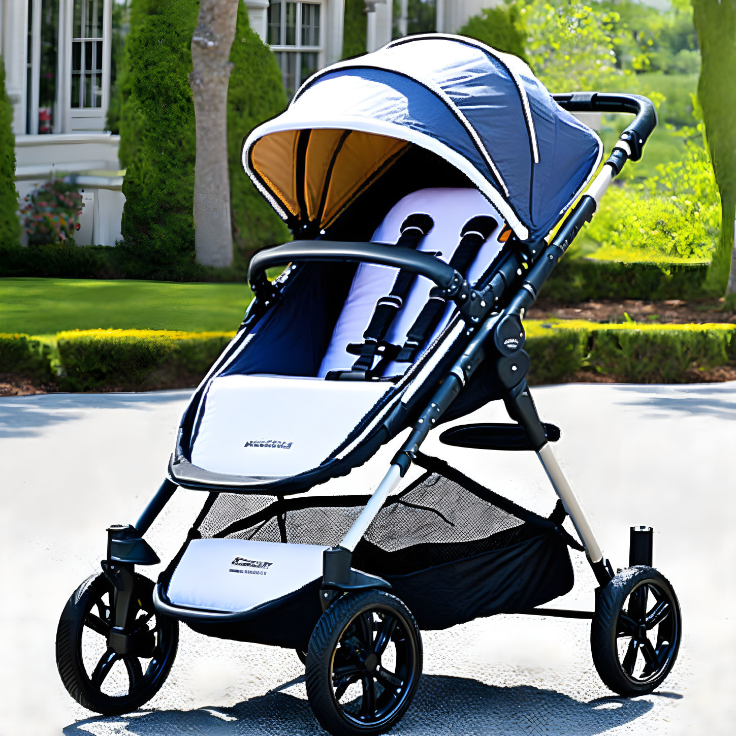 Blue and Black Modern Baby Stroller with Large Wheels and Adjustable Canopy