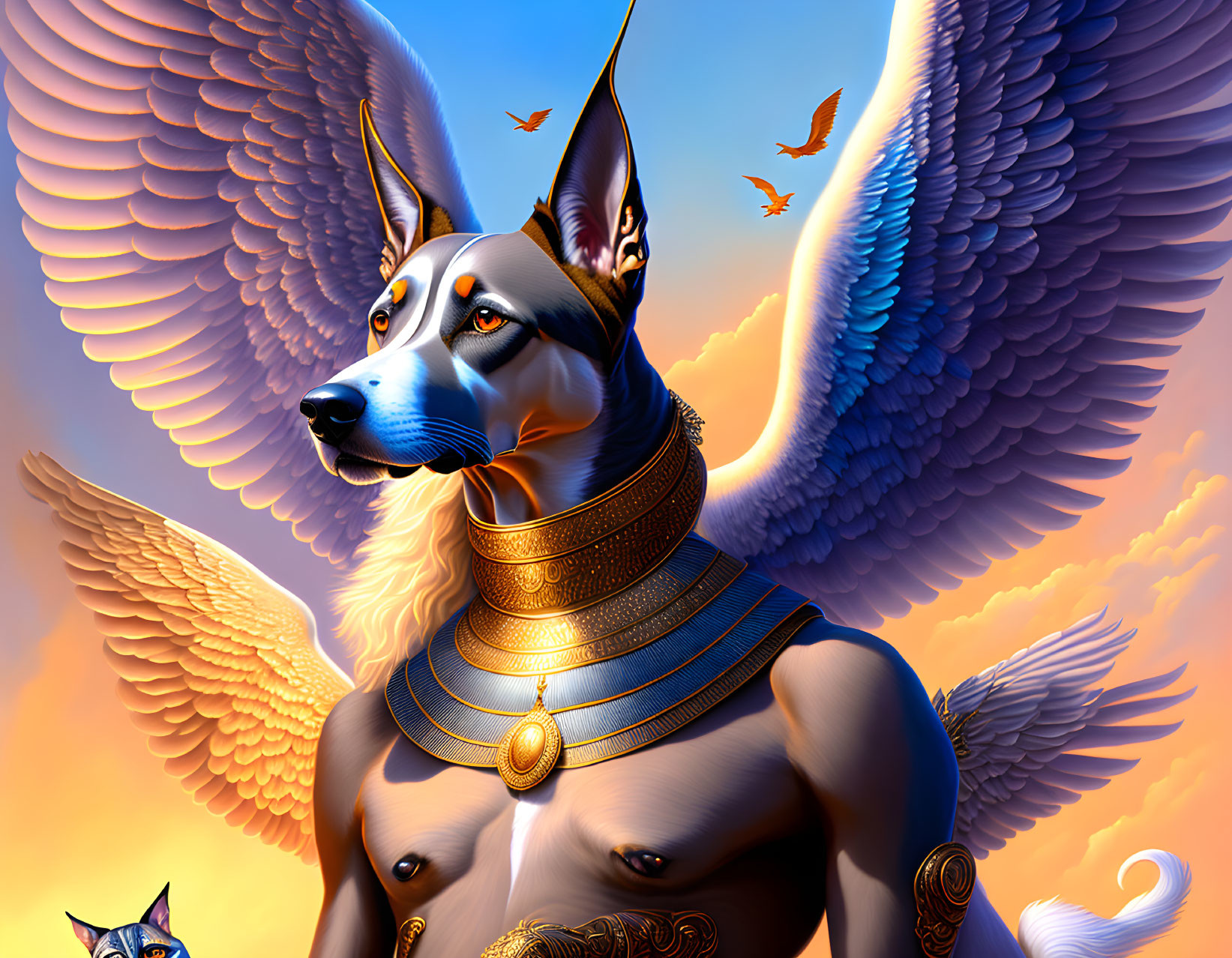 Mythical creature with dog head, gold jewelry, and wings in sky with birds