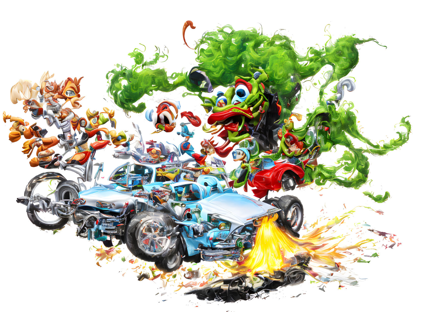 Vibrant fantasy racing scene with animated characters in colorful vehicles