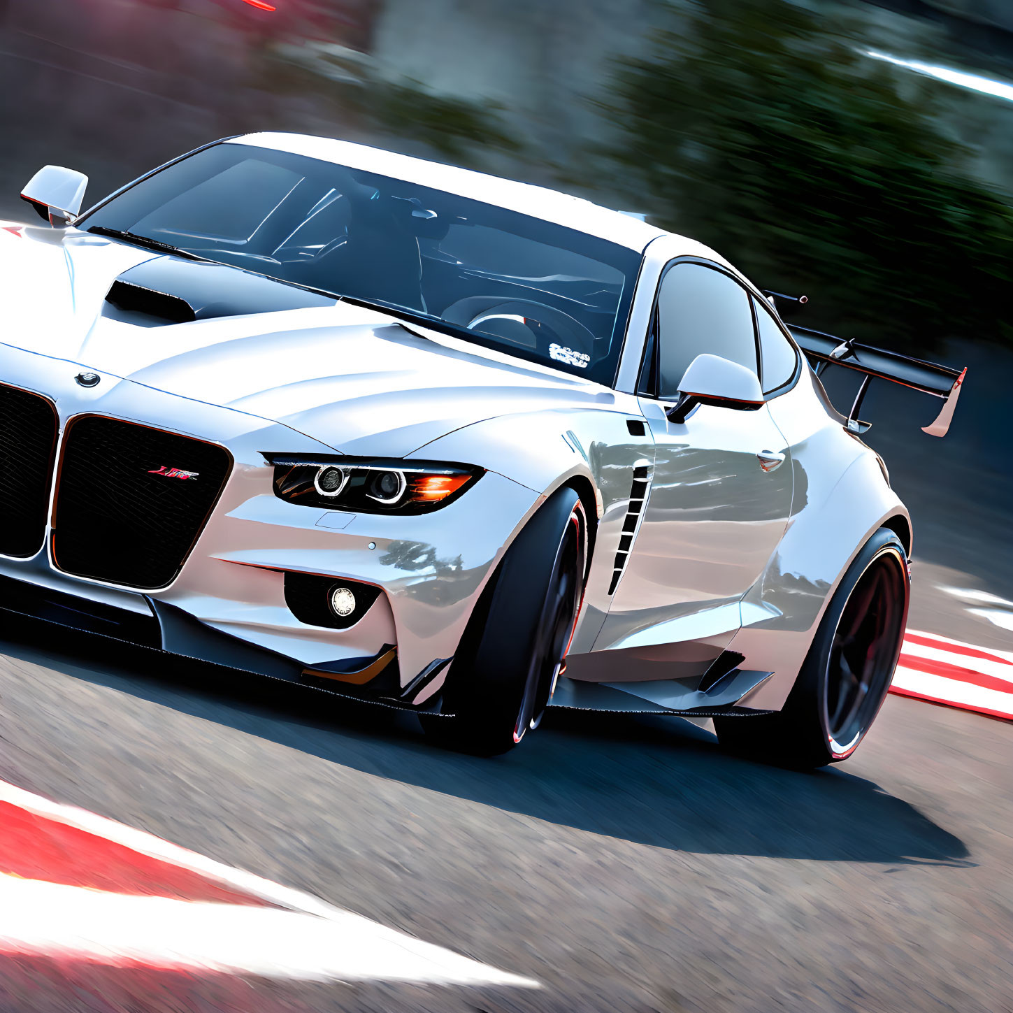 Modified white sports car racing on track with motion blur.