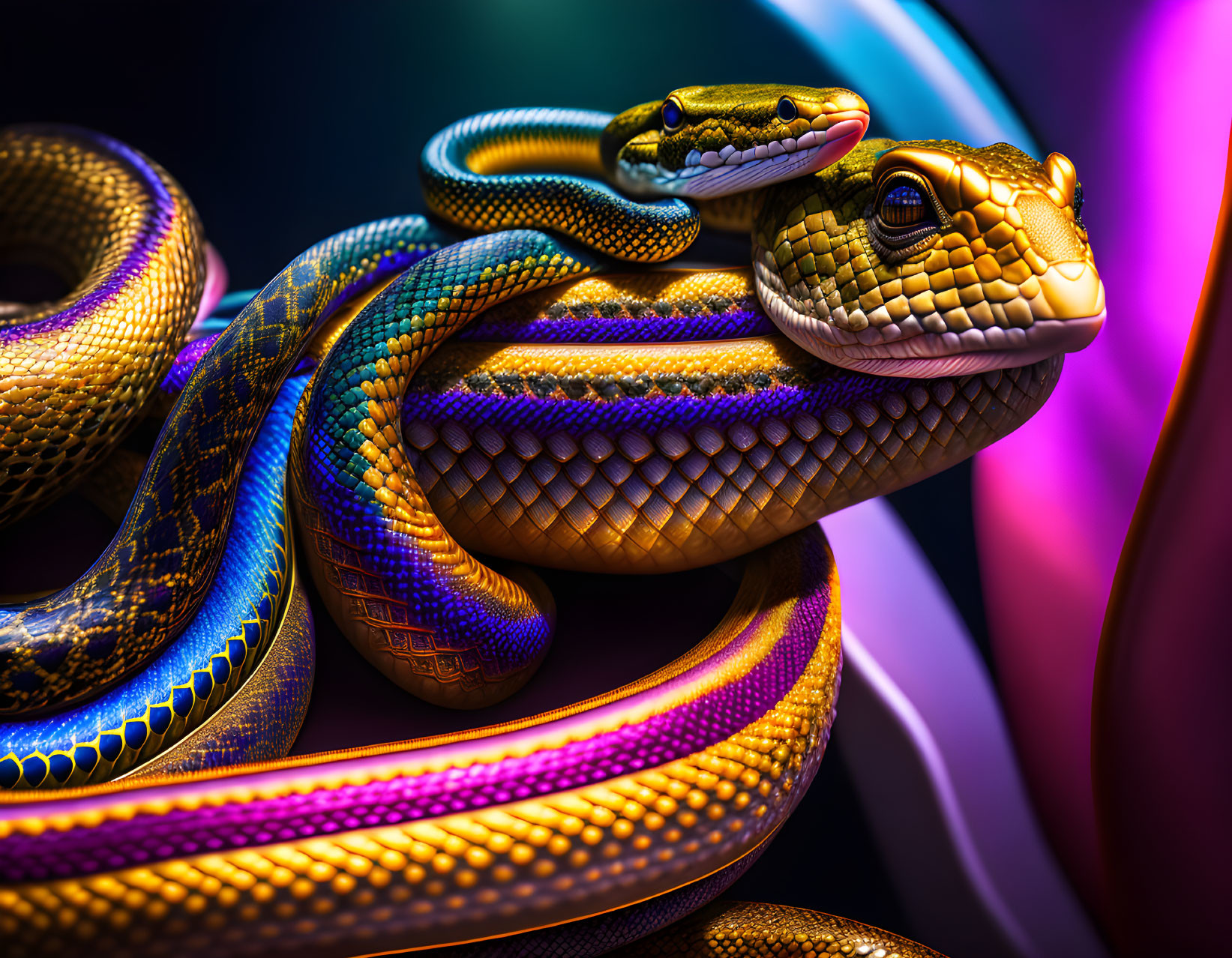 Vibrant multicolored snakes against vivid neon lights