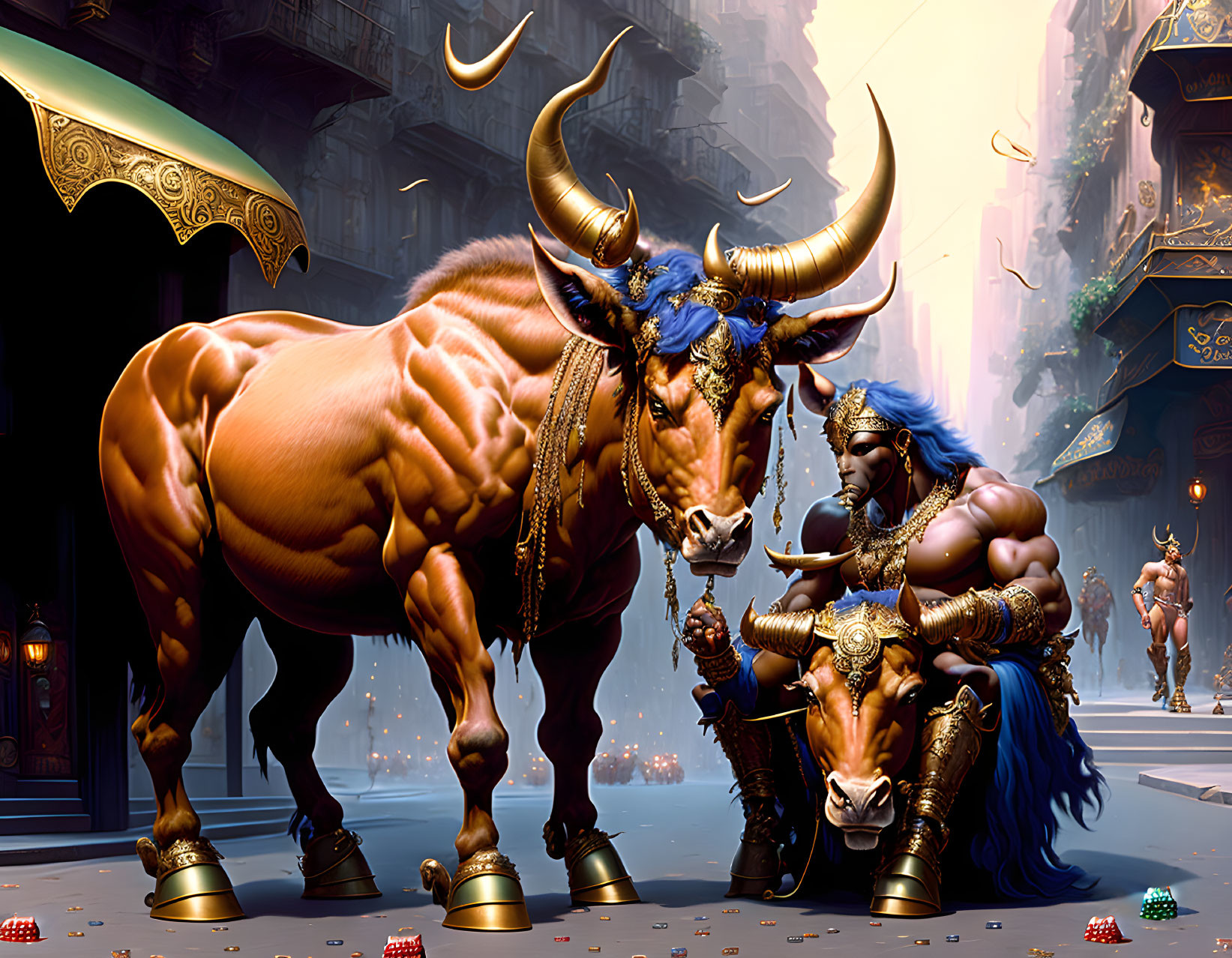 Fantasy city scene with muscular warrior and majestic bull exuding strength