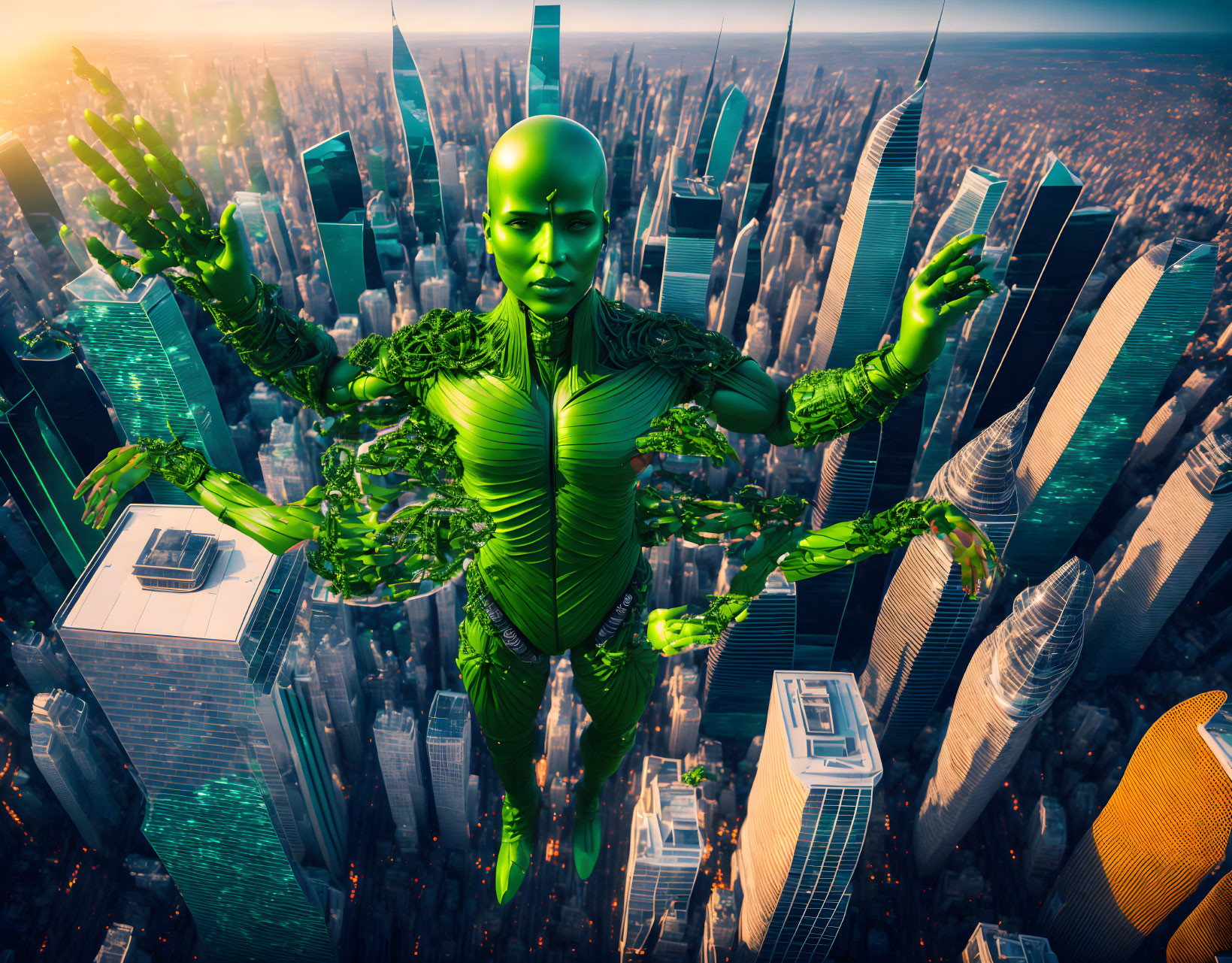 Green humanoid figure with circuit patterns hovers over cityscape
