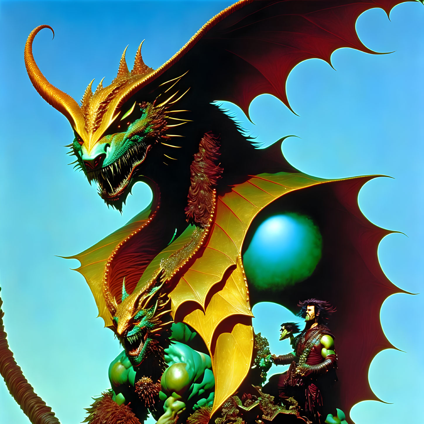 Golden dragon looms over green-armored warrior under blue sky