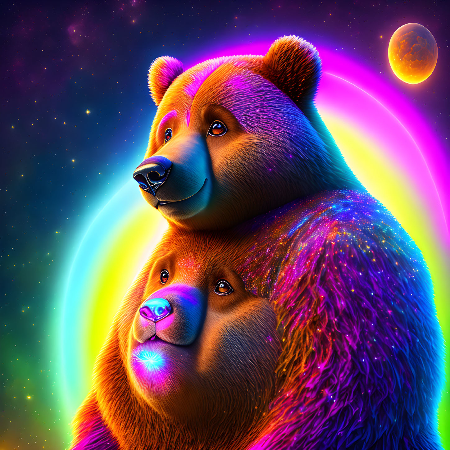 Colorful Bears in Cosmic Scene with Stars and Rainbow