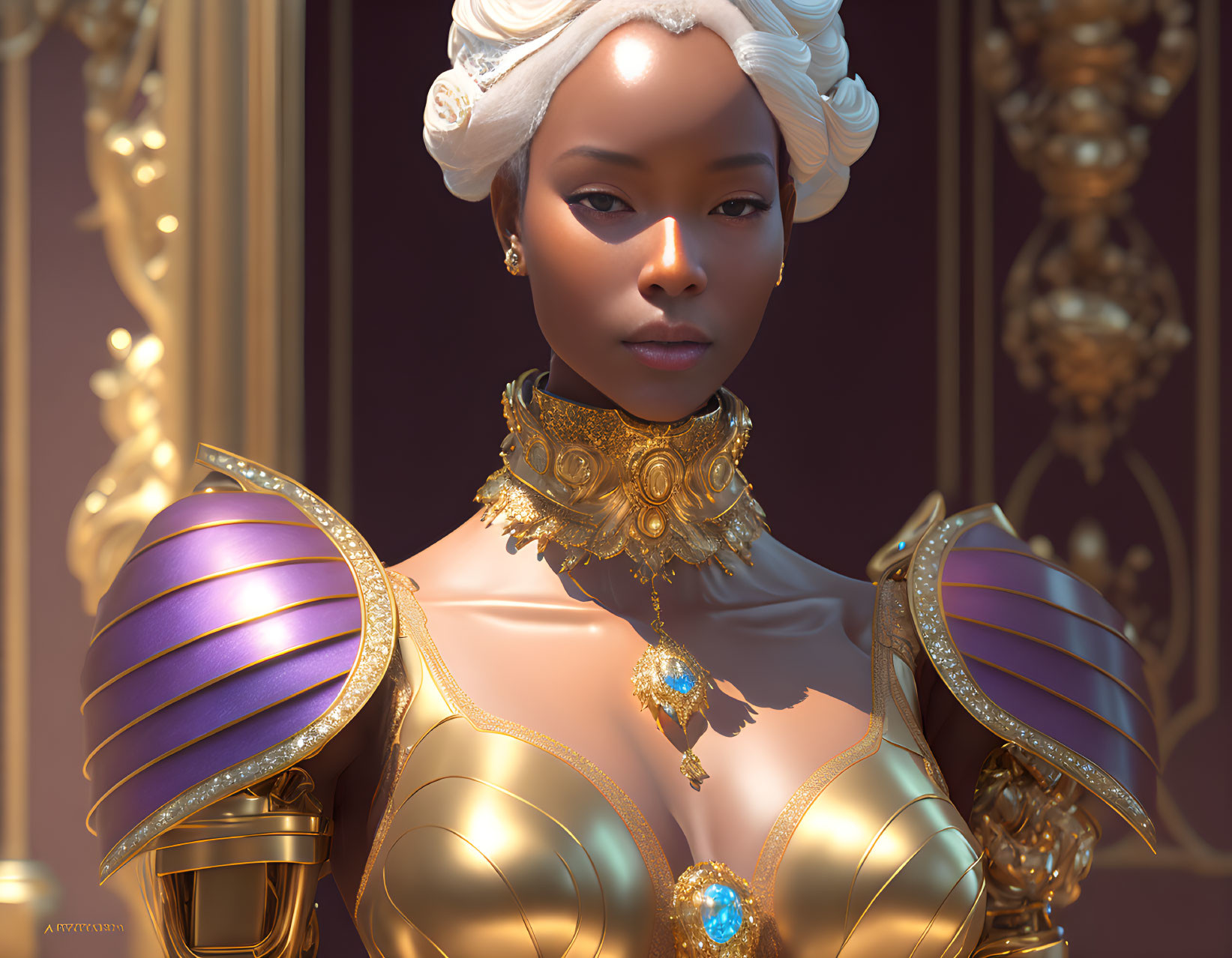 Regal woman in golden and purple armor exudes elegance and strength