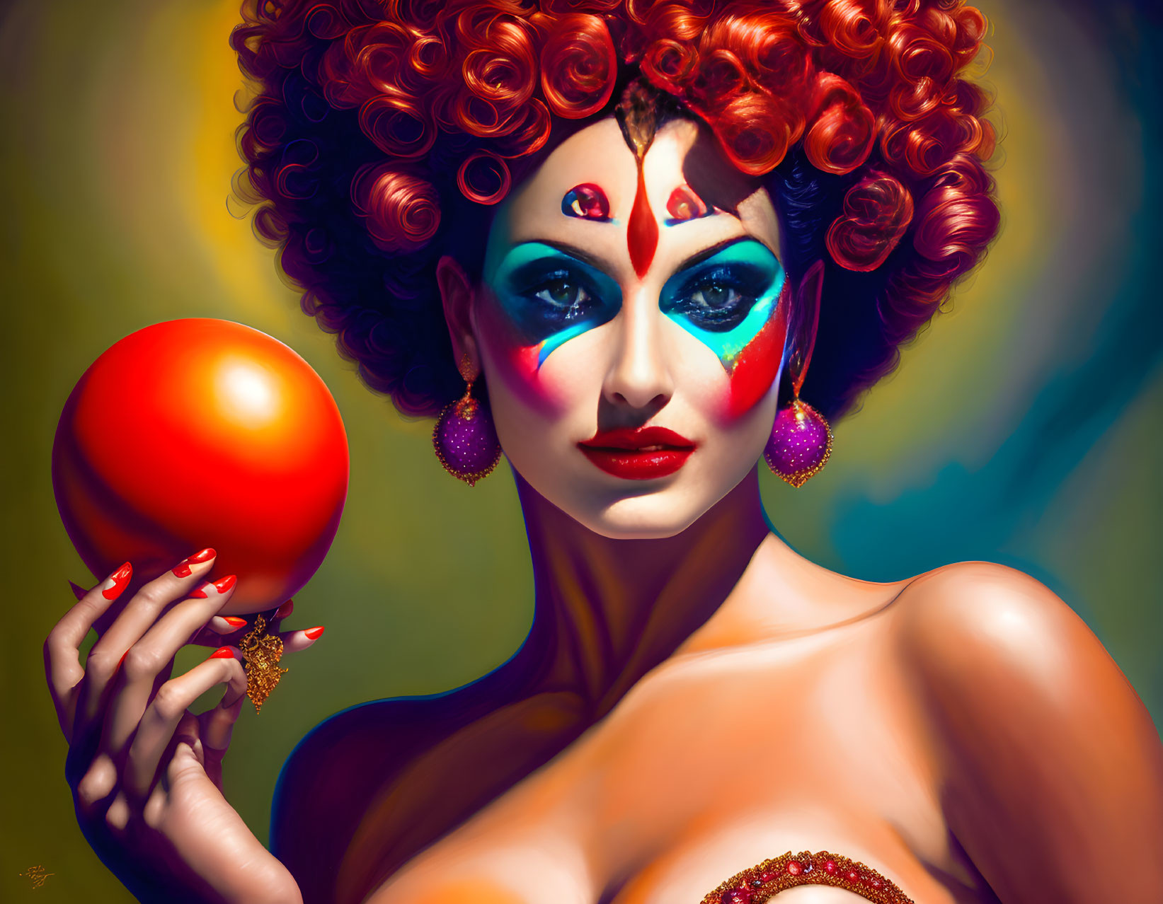 Colorful portrait of woman with red curly hair and theatrical makeup holding red sphere