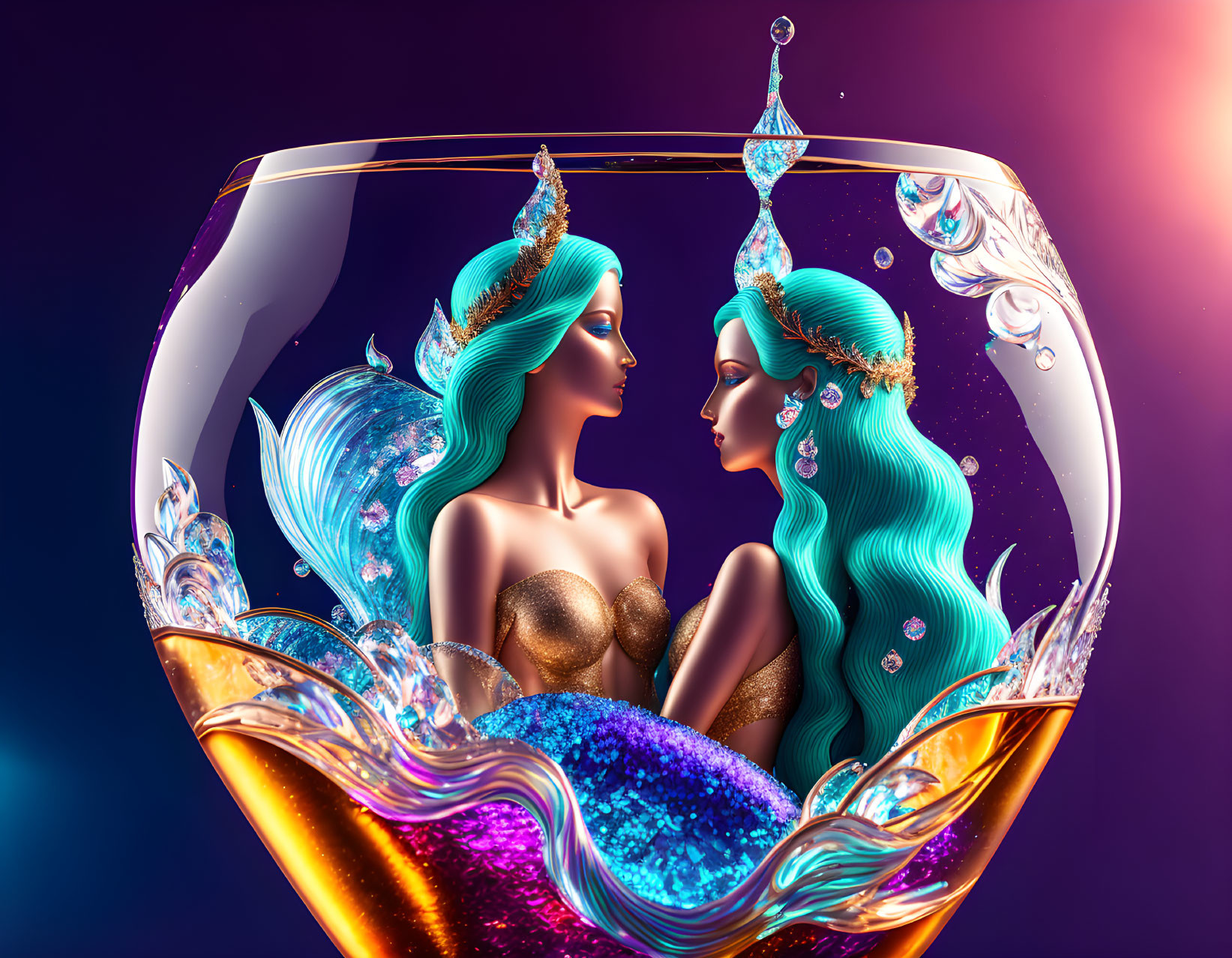 Fantastical mermaid figures with glittering tails and ornate crowns in wine glass on purple