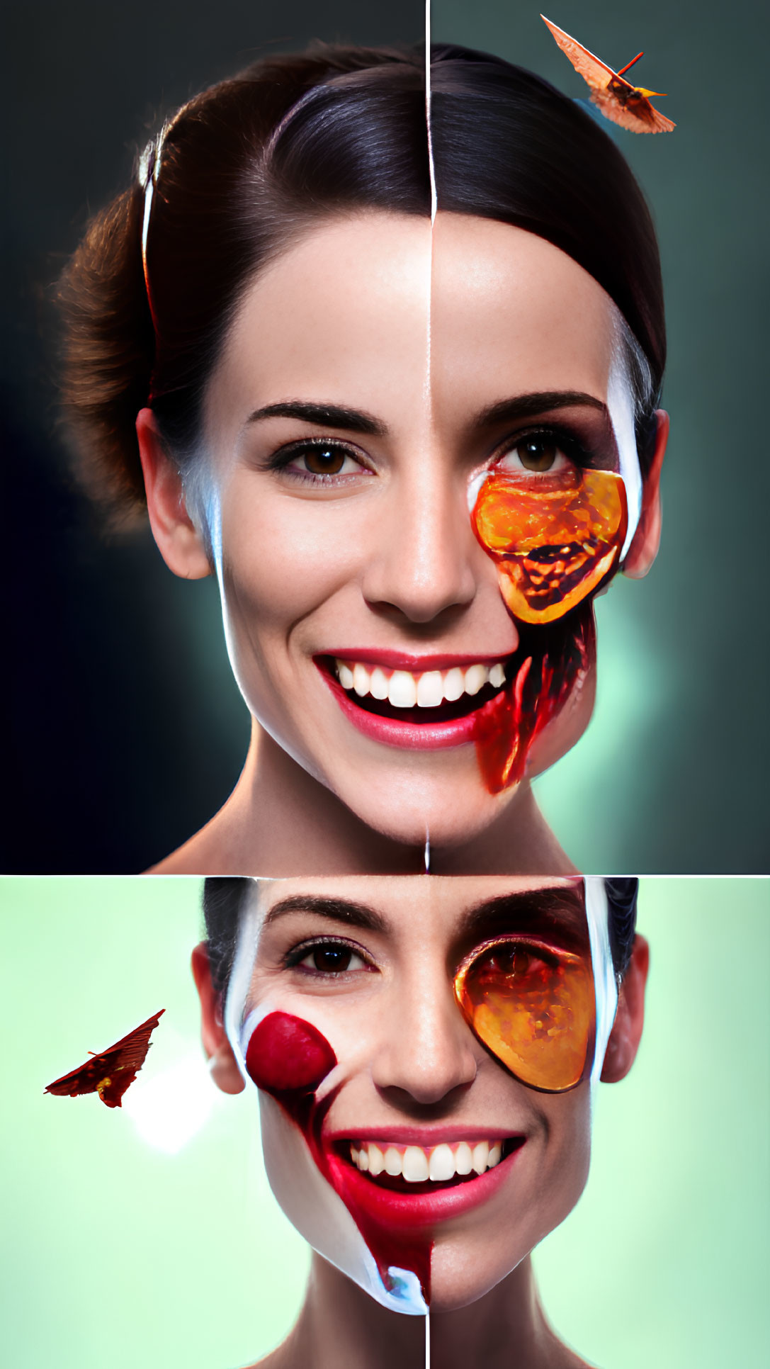 Composite image of woman's face with natural and dramatic melting colors makeup