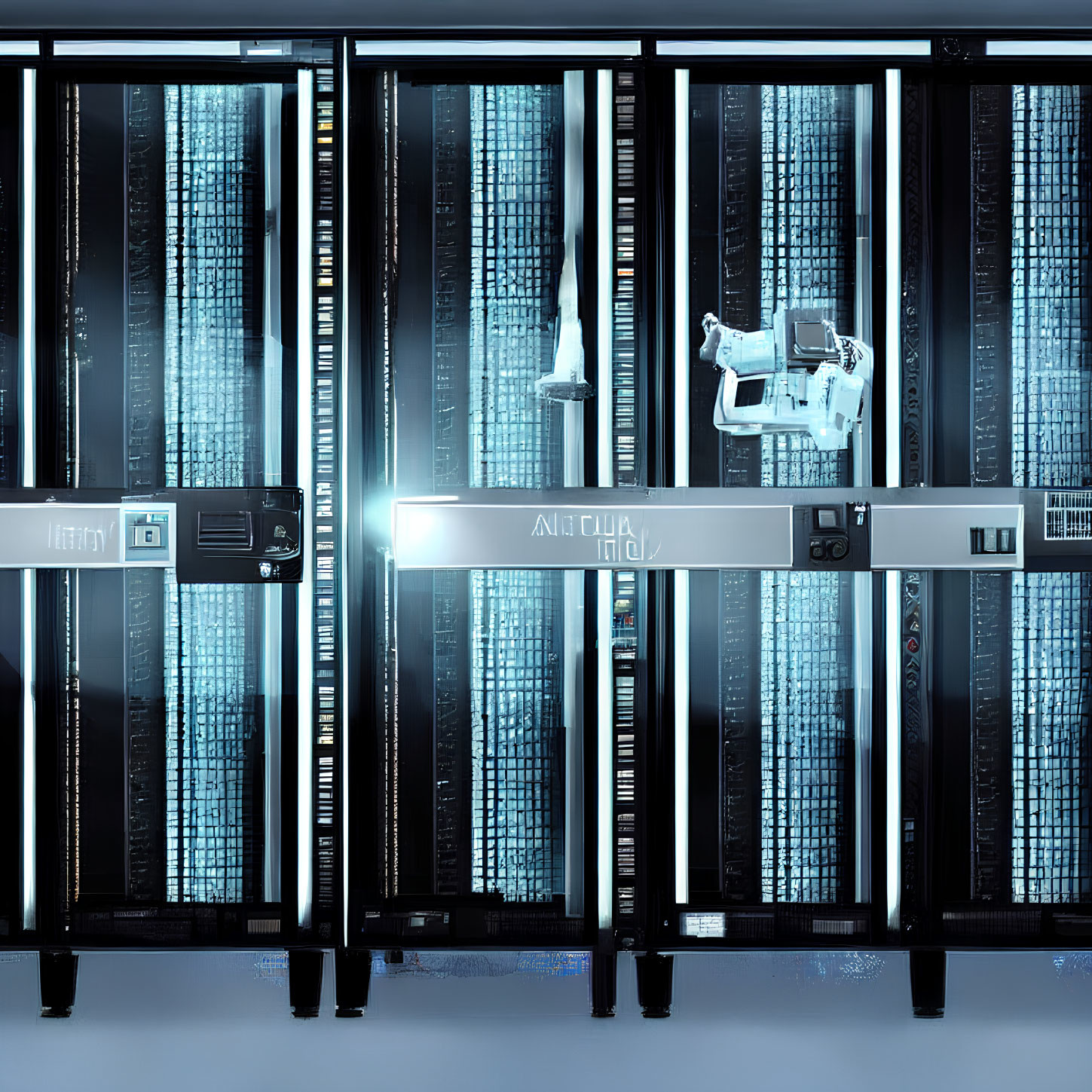 Transparent rack server room with robotic arm and blue LED lights