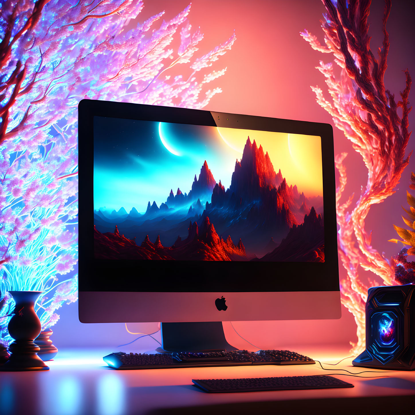 Futuristic mountain wallpaper on Apple desktop with purple and orange lights