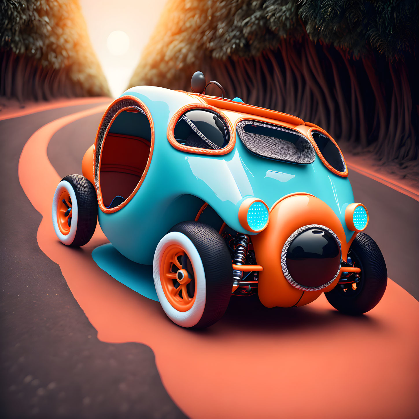 Futuristic blue car with oversized wheels on winding road surrounded by orange-tinted trees