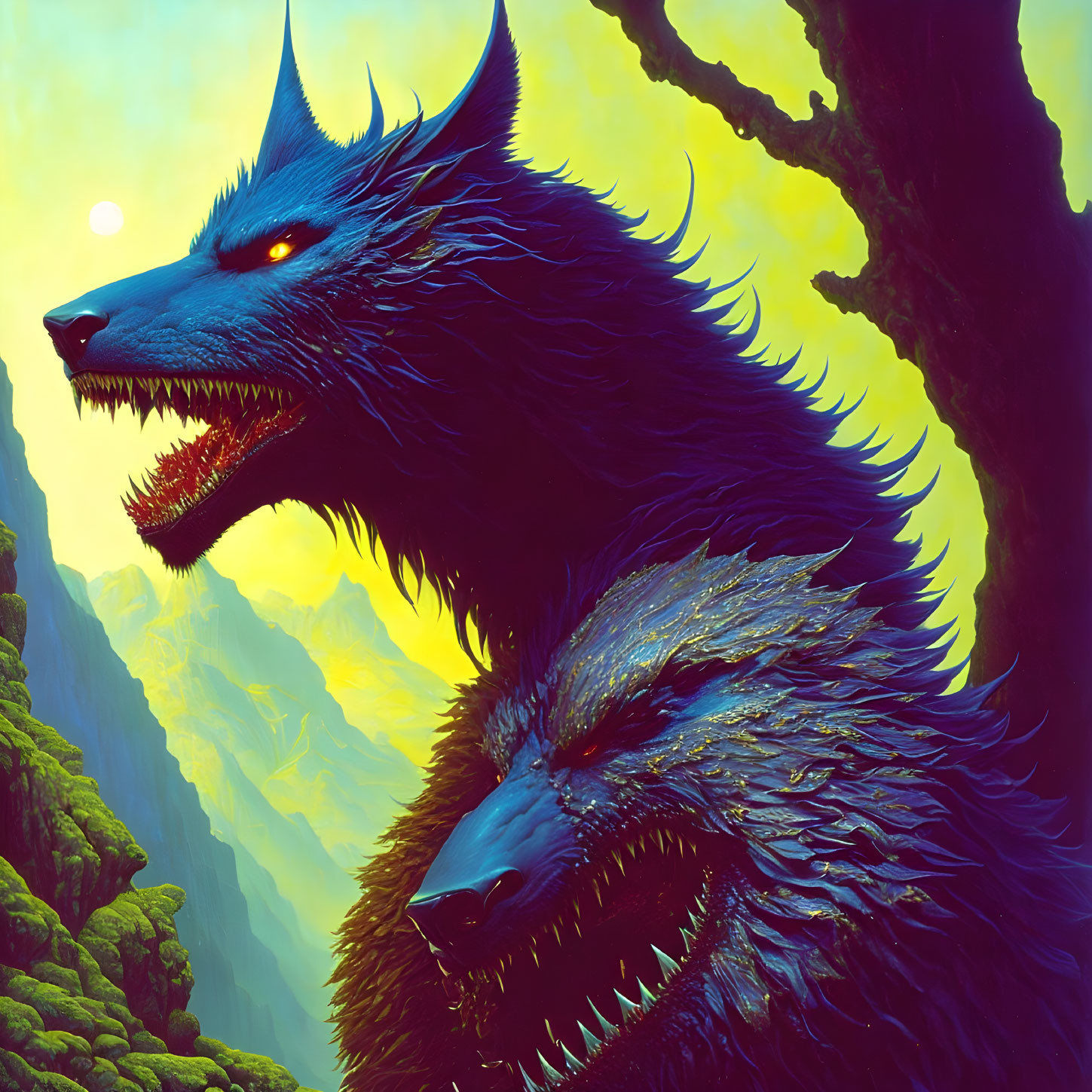 Illustration of two-headed wolf-like creature in yellow sky with mountains.