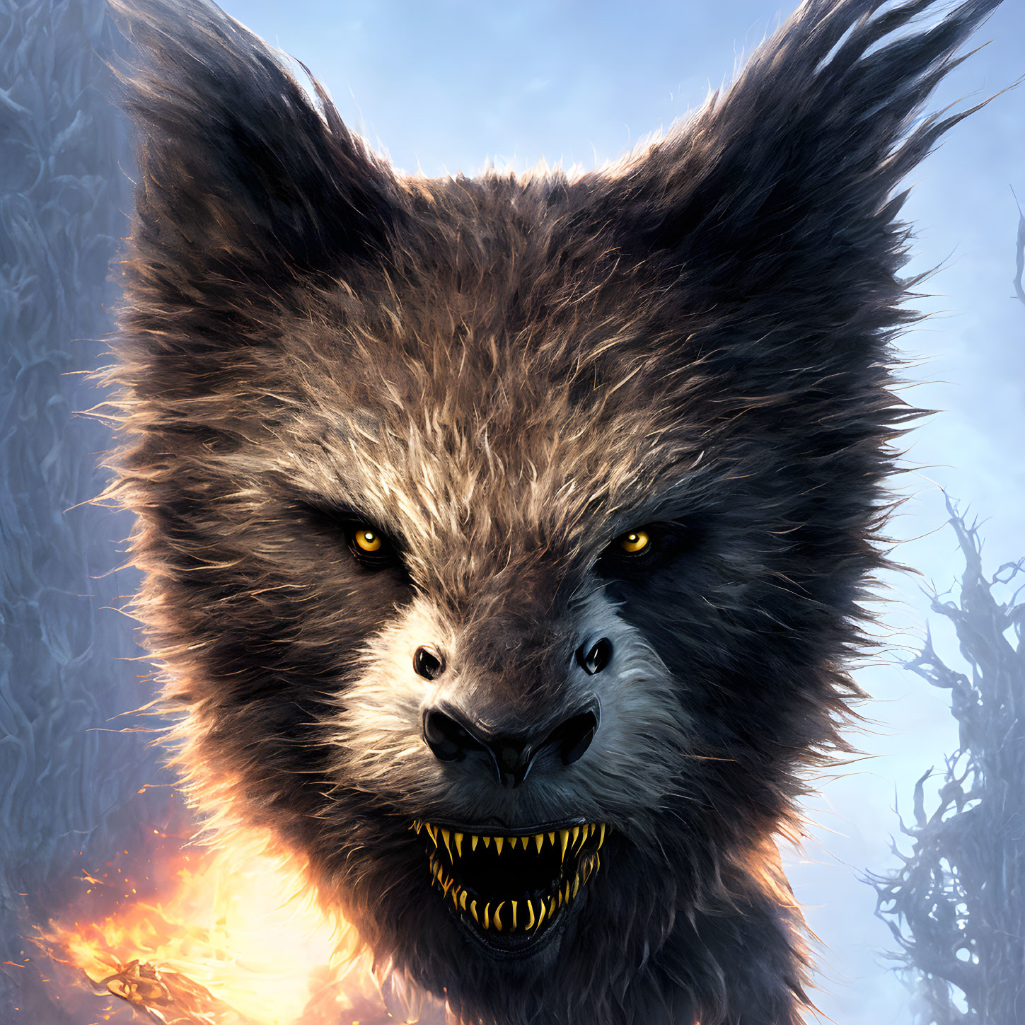Detailed Illustration of Fierce Wolf with Yellow Eyes in Icy Forest and Flames