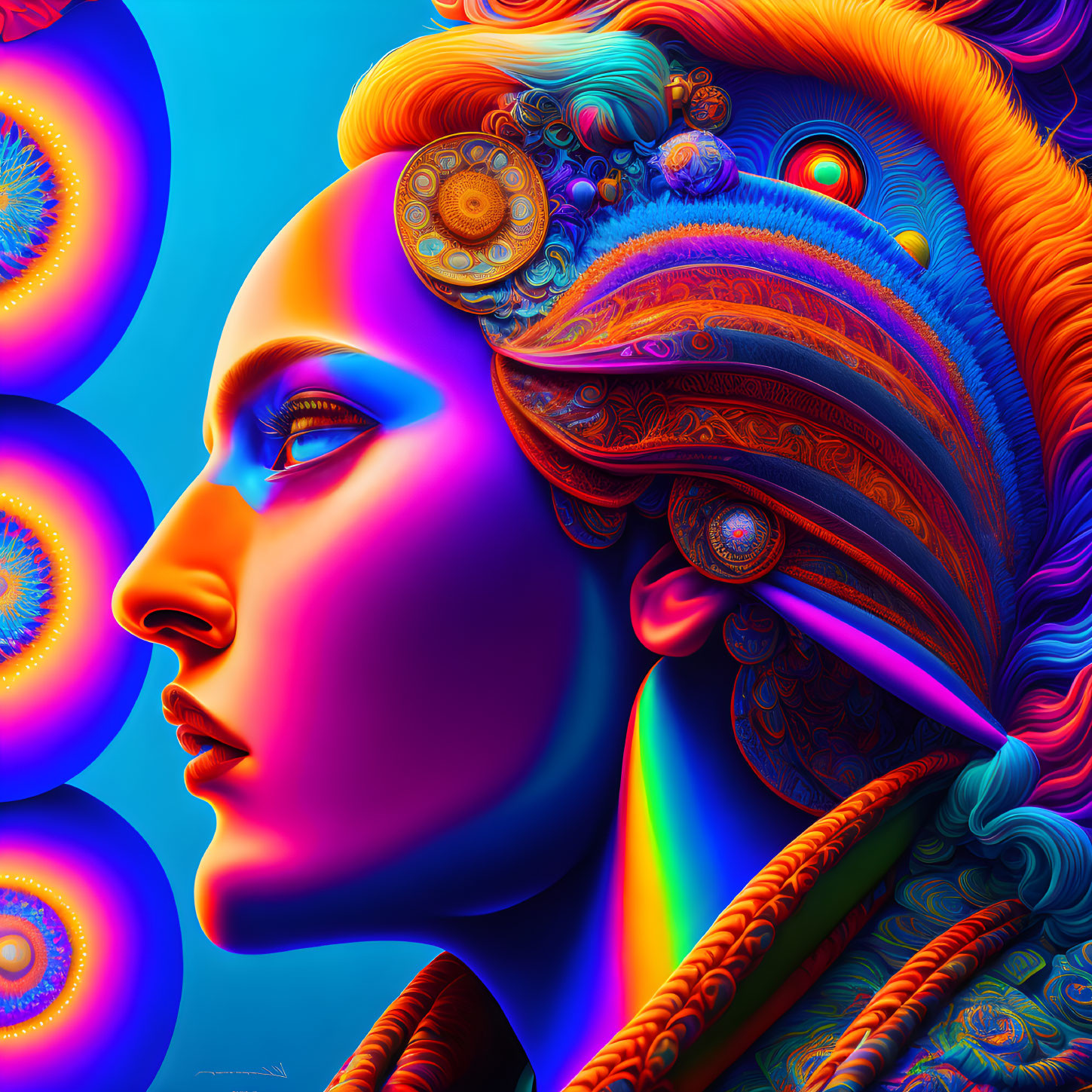 Colorful digital artwork: Woman's profile with mechanical elements in hair on neon blue background