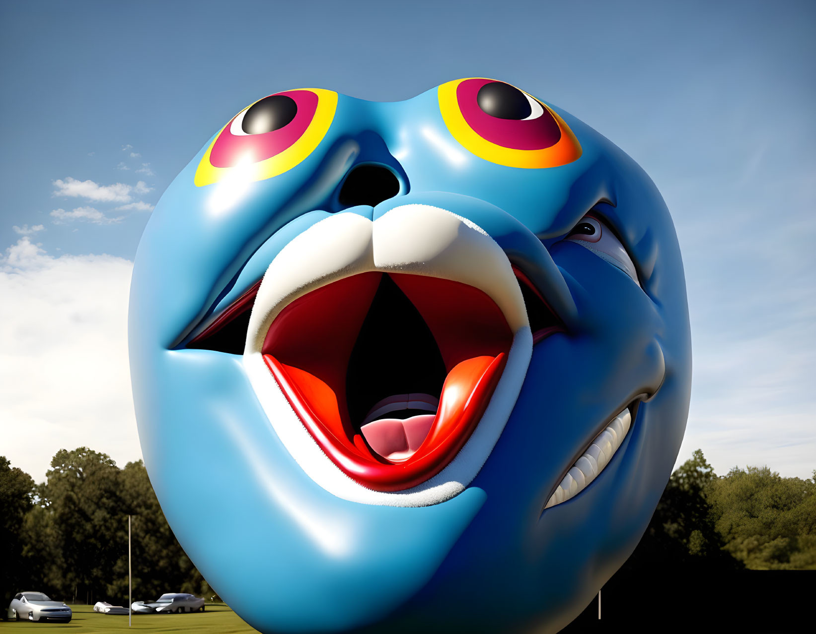 Giant inflated head with cartoonish features in surreal setting