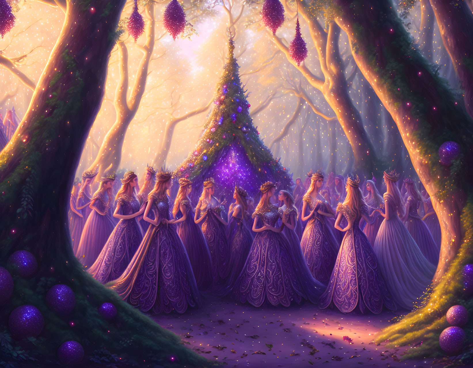 Enchanting forest scene with mystical women in purple gowns and radiant tree