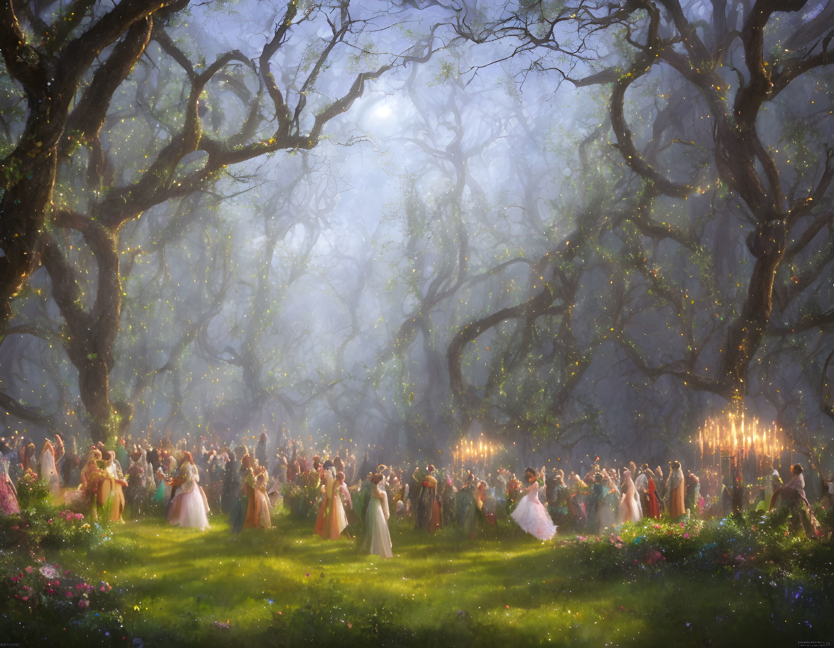 Elegant people in forest setting with chandeliers and soft sunlight.