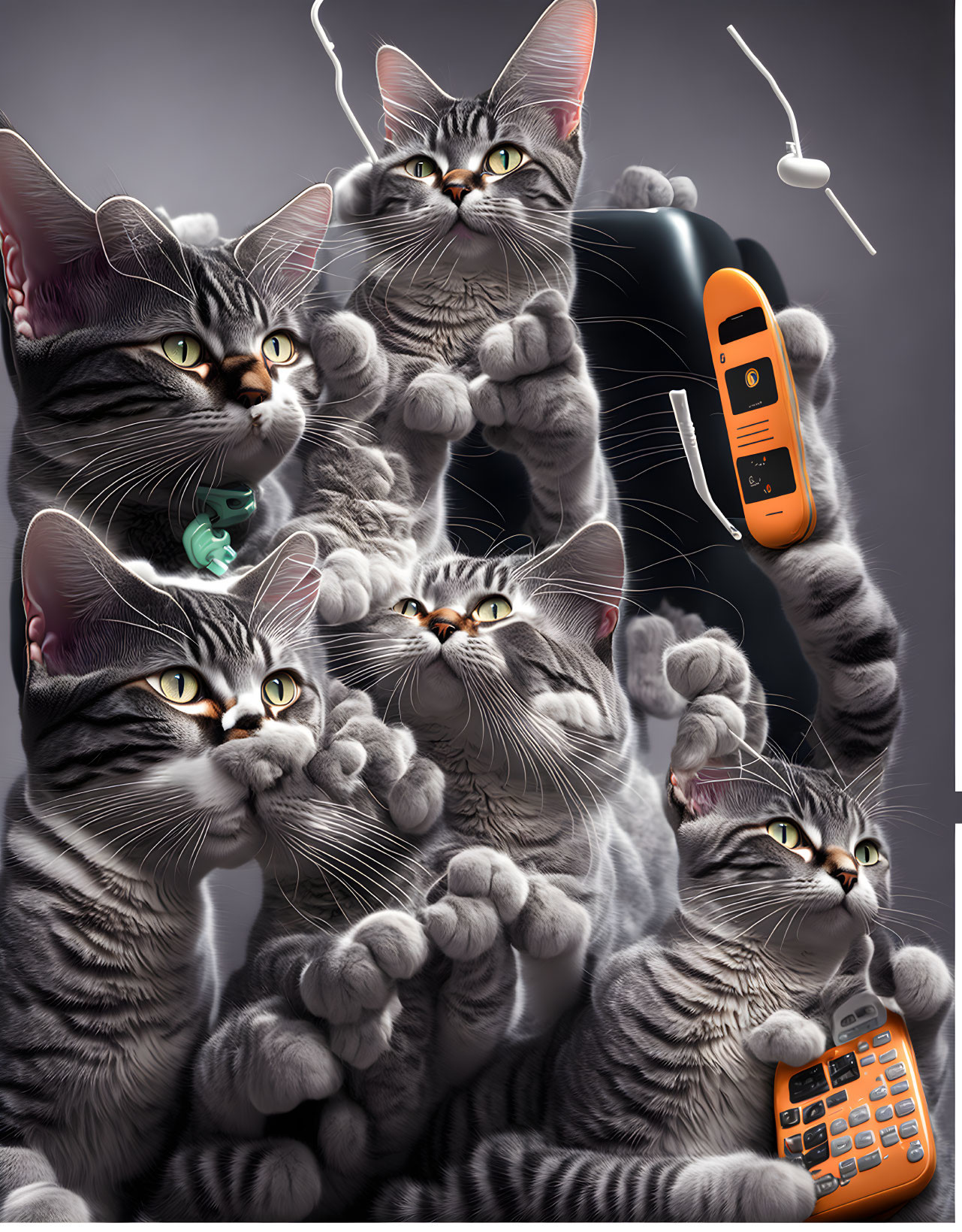 Five animated cats with human-like expressions captivated by electronic device and toy.