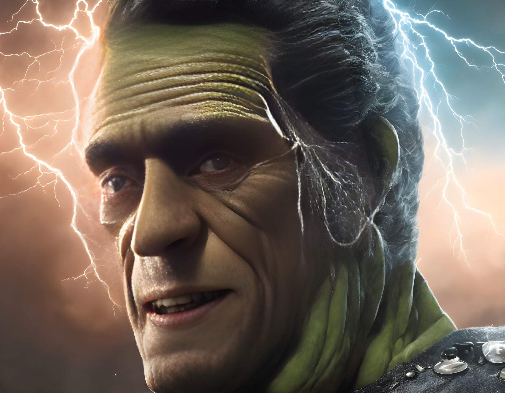 Character with Green Skin and Dark Hair in Serious Expression Against Lightning Backdrop