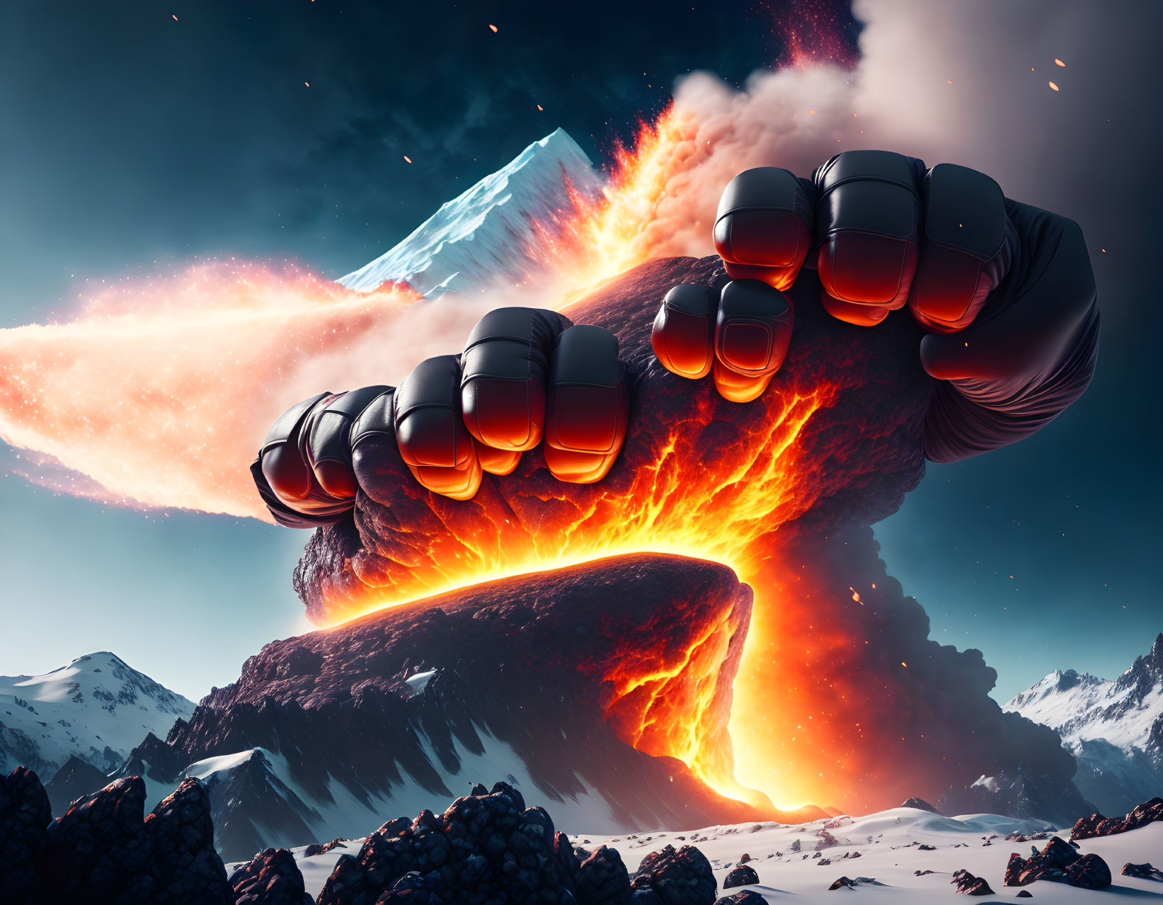 Fiery fist strikes snowy mountain with icy comet in sky