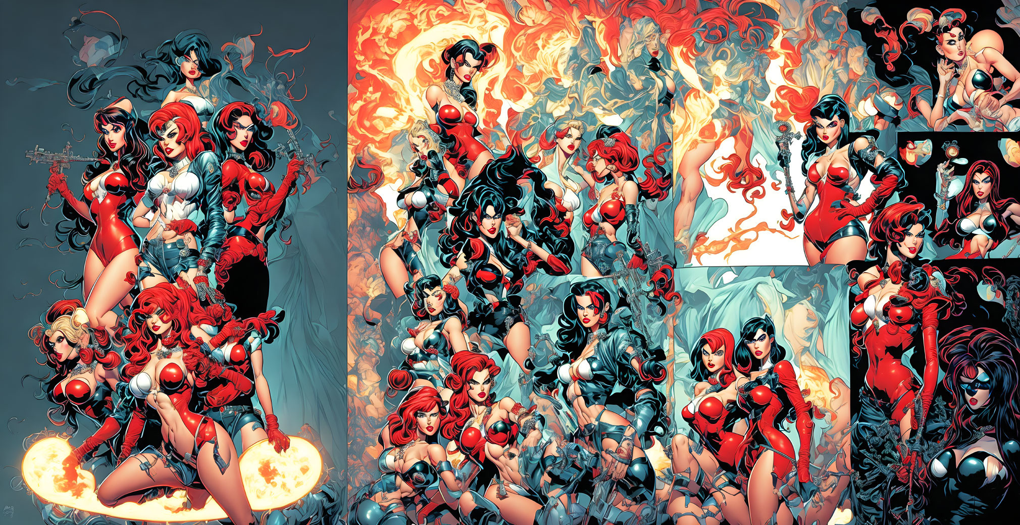 Dynamic superheroine illustrations: fire and ice themes, showcasing strength and powers