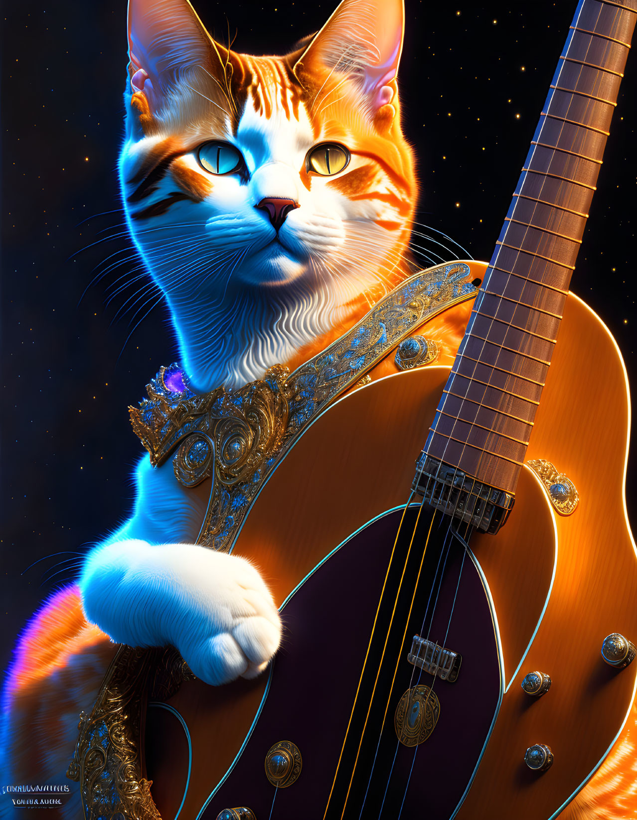 Colorful anthropomorphic cat digital art with guitar on starry backdrop